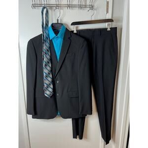 JF J.Ferrar Men's Slim Black Suit Jacket 40L/Pants 32x32 Teal Shirt M 15-15.5